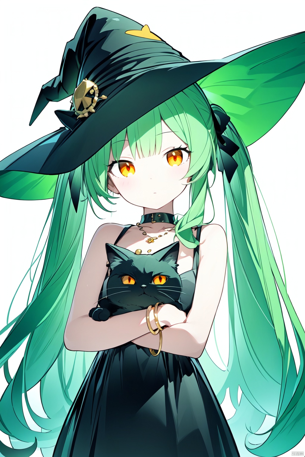 1girl, long hair, hat, dress, cat, black dress, solo, very long hair, green hair, jewelry, animal, white background, holding, looking at viewer, witch hat, sleeveless, holding animal, black headwear, simple background, twintails, bangs, holding cat, bracelet, closed mouth, orange eyes, witch, sleeveless dress, hair ornament, necklace, artist name, signature, bow, standing, bare shoulders, orange ribbon