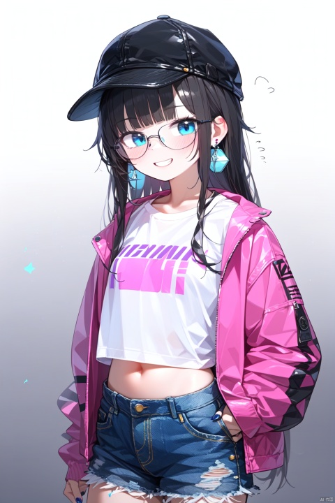 best quality, amazing quality, very aesthetic, absurdres,1girl, bangs, baseball_cap, black_hair, black_headwear, black_nails, blue_eyes, blue_nails, blue_shorts, clothes_writing, denim, denim_shorts, earrings, fingernails, glasses, gradient, gradient_background, grin, hat, jacket, long_hair, looking_at_viewer, midriff, nail_polish, open_clothes, open_jacket, pants, pink_jacket, pink_nails, pink_shirt, purple_nails, shirt, shorts, smile, solo, white_shirt