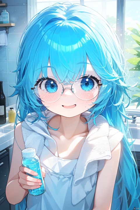 best quality, amazing quality, very aesthetic, absurdres,1girl, glasses, blue_eyes, blue_hair, towel, smile, solo, bottle, long_hair, blush, looking_at_viewer, towel_around_neck