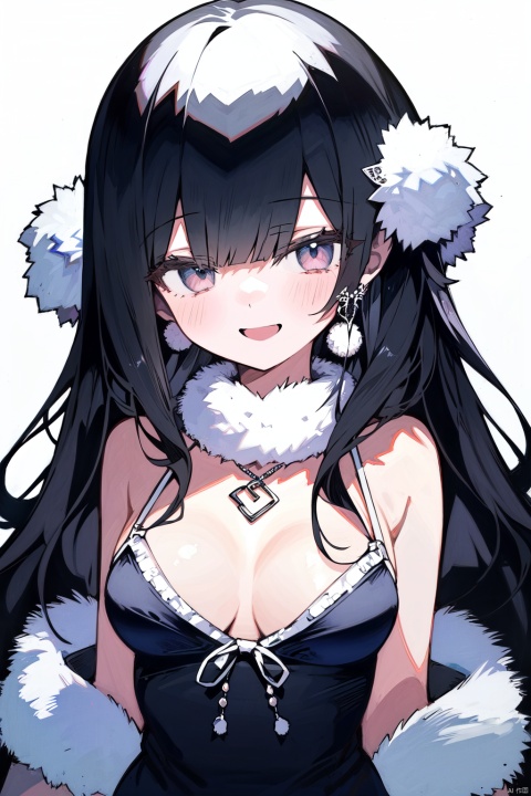 1girl, black_hair, blush, breasts, cleavage, earrings, hair_ornament, jewelry, long_hair, looking_at_viewer, medium_breasts, open_mouth, pom_pom_\(clothes\), smile, solo, traditional_media, upper_body