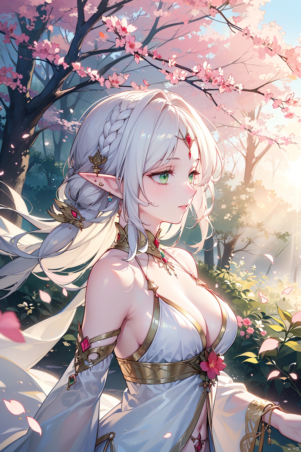  (masterpiece, best quality, high quality, highres, ultra-detailed), realistic,,,1 sweet girl, the greater lord rukkhadevata, (side braid:1.1), long hair,((white hair)), leaf hair ornament, (pointy ears), elf, green eyes, pale skin, bare shoulders, (medium breasts), (cleavage:1.1), jewelry, white long dress, (detached sleeves:1.1), bracelet, (looking away:1.2), (hair floating:1.3), from side,,(in forest:1.3), (pink flowers:1.1), (falling petals:1.1), (lens flare from right:1.2), (god rays from right:1.2),,,
