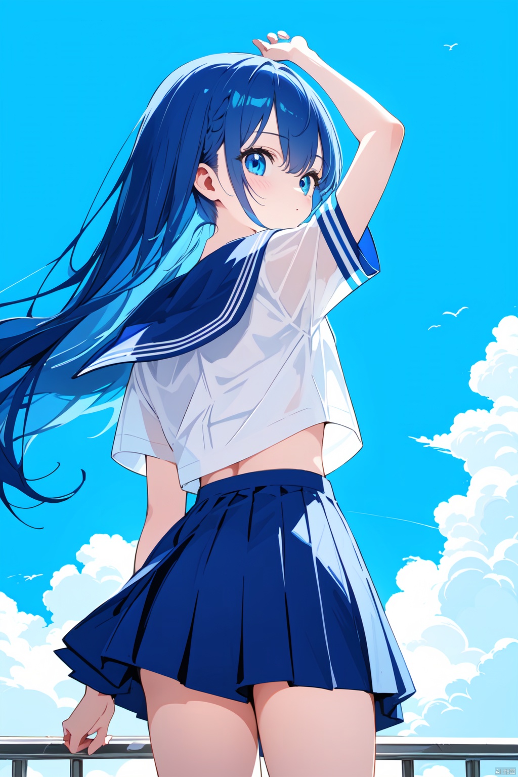 best quality, amazing quality, very aesthetic, absurdres,1girl, solo, long_hair, skirt, blue_eyes, blue_hair, very_long_hair, school_uniform, short_sleeves, serafuku, looking_at_viewer, sky, shirt, sailor_collar, white_shirt, cloud, blue_sky, blue_skirt, arm_up, day, looking_back, bangs, blue_sailor_collar, hair_between_eyes, from_behind, cowboy_shot, black_skirt, shiny_hair, midriff, standing, outdoors, miniskirt, shiny, floating_hair, parted_lips, crop_top