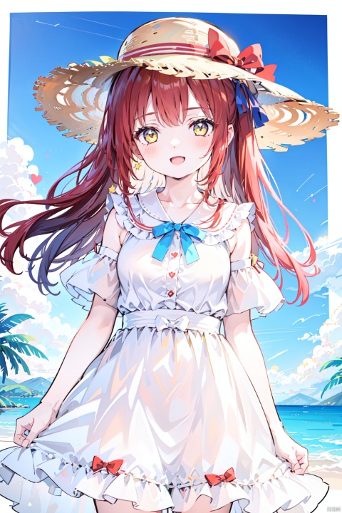  1girl, alternate_costume, bangs, blue_dress, blue_sky, blush, bow, cloud, day, dress, hat, hat_bow, heart, long_hair, open_mouth, outdoors, red_hair, short_sleeves, sky, smile, solo, star_\(symbol\), straw_hat, sun_hat, yellow_eyes