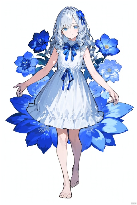 1girl, barefoot, blue_bow, blue_eyes, blue_flower, blue_neckwear, blue_ribbon, dress, flower, full_body, honma_meiko, long_hair, ribbon, silver_hair, simple_background, sleeveless, sleeveless_dress, smile, solo, white_background, white_dress