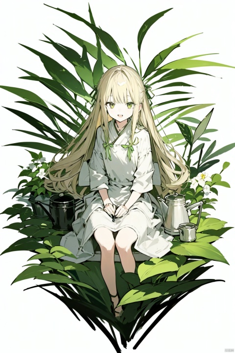 1girl, :d, bamboo, bangs, branch, dress, english_text, flower, ivy, jewelry, leaf, lily_of_the_valley, long_hair, looking_at_viewer, open_mouth, plant, potted_plant, ribbon, simple_background, smile, solo, tanabata, tanzaku, vines, watering_can, white_background