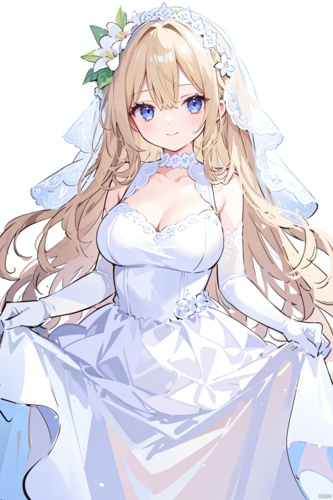 1girl, breasts, dress, long hair, gloves, solo, blue eyes, blonde hair, elbow gloves, large breasts, white dress, flower, looking at viewer, covered nipples, white gloves, smile, wedding dress, bangs, collarbone, hair ornament, bare shoulders, see-through, hair flower, dress lift, clothes lift, sleeveless, cleavage, skirt hold, white background, bridal veil, simple background, closed mouth, sleeveless dress, cover