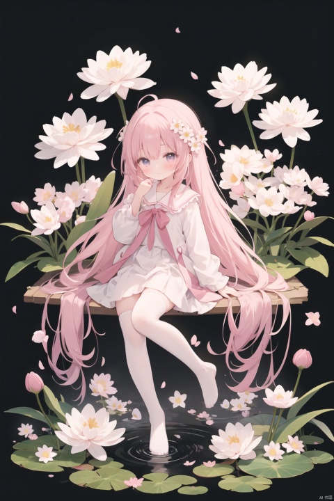 black_background, branch, cherry_blossoms, daisy, falling_petals, floral_background, flower, flower_\(symbol\), hanami, lily_\(flower\), lily_of_the_valley, lily_pad, lotus, petals, pink_flower, plum_blossoms, sakura_miku, spring_\(season\), white_flower