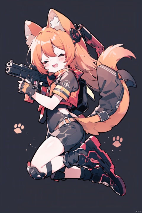 1girl, >_<, animal_ears, black_footwear, black_gloves, closed_eyes, dog_ears, fingerless_gloves, gloves, gun, holding, holding_gun, holding_weapon, jumping, knee_pads, long_hair, open_mouth, shorts, solo, submachine_gun, tail, thigh_strap, weapon, xd