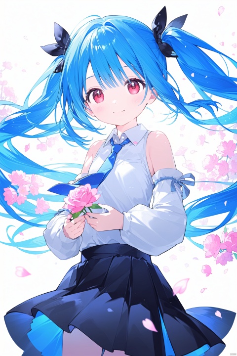 1girl, bare_shoulders, black_skirt, blue_hair, blue_necktie, cherry_blossoms, confetti, detached_sleeves, falling_petals, floating_hair, flower, hair_ornament, hatsune_miku, holding, leaves_in_wind, long_hair, looking_at_viewer, necktie, petals, rose_petals, shirt, skirt, sleeveless, sleeveless_shirt, smile, solo, twintails, upper_body, very_long_hair, white_background, white_shirt, wind