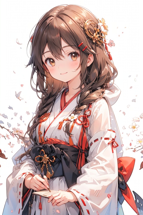 1girl, alternate_costume, brown_eyes, hair_ornament, hairclip, haruna_\(kancolle\), hood, japanese_clothes, long_hair, looking_at_viewer, nontraditional_miko, simple_background, smile, solo, uchikake, white_background, wide_sleeves,