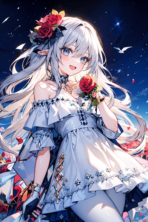  1girl, long hair, solo, gloves, dress, smile, flower, bird, holding, red flower, open mouth, very long hair, white dress, bangs, blush, white hair, looking at viewer, :d, pantyhose, bare shoulders, rose, blue eyes, white pantyhose, red rose, holding flower, off-shoulder dress, star \(sky\), starry sky, off shoulder, sky, hair between eyes, black gloves, mpaidui