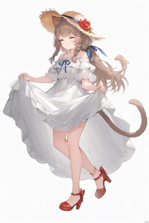 1girl, animal_ears, bare_shoulders, blue_ribbon, braid, brown_hair, cat_ears, cat_tail, closed_eyes, clothes_lift, dress, dress_lift, ears_through_headwear, flower, full_body, hat, hat_flower, high_heels, jewelry, long_hair, miqo'te, off-shoulder_dress, off_shoulder, red_flower, red_footwear, simple_background, skirt_hold, smile, solo, straw_hat, sun_hat, tail, white_background, white_dress