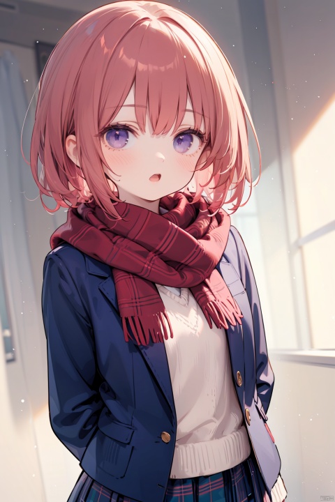  nai3, 1girl, solo, purple eyes, scarf, looking at viewer, red hair, jacket, plaid, open mouth, gift, blurry background, blush, red scarf, skirt, blurry, :o, bangs, arms behind back, school uniform, blazer, blue jacket, long sleeves, black jacket, plaid scarf, gift box, short hair, depth of field, plaid skirt