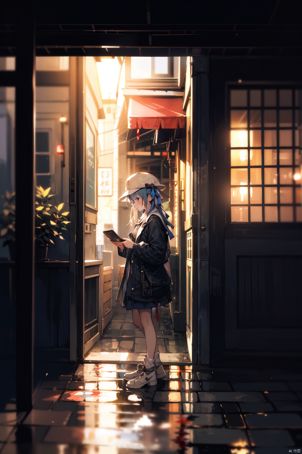 1girl, night, outdoors, solo, holding_phone, hat, bush, cellphone, hat_ribbon, blood, long_sleeves, door,blurry,blurry background,awning,reflection light