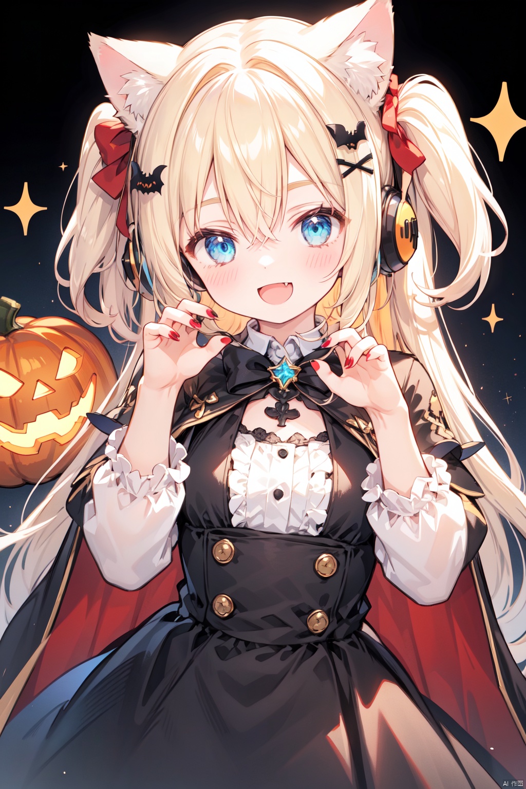  1girl, fake_animal_ears, solo, animal_ears, two_side_up, long_sleeves, animal_ear_headphones, blue_eyes, long_hair, black_dress, blonde_hair, smile, dress, fang, bangs, nail_polish, :d, x_hair_ornament, headphones, hair_between_eyes, red_bow, cat_ear_headphones, white_shirt, claw_pose, virtual_youtuber, bow, looking_at_viewer, hands_up, hair_ornament, shirt, frills, very_long_hair, jack-o'-lantern, shoulder_cutout, clothing_cutout, open_mouth, black_cape, sparkle, breasts, cat_ears, multicolored_nails, puffy_long_sleeves, v-shaped_eyebrows, blush, small_breasts, frilled_dress, halloween, blue_nails, cape