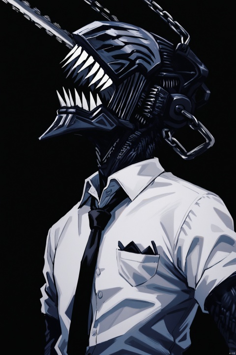  best quality,masterpiece,jijia, 2d, anime, shirt, black necktie, necktie, 1boy, white shirt, collared shirt, sharp teeth, denji (chainsaw man), solo, male focus, teeth, simple background, chain, chainsaw, black background, upper body,a picture of a man wearing a shirt and tie,an artwork of a man dressed in a white shirt and a black tie and wearing a reptilian head