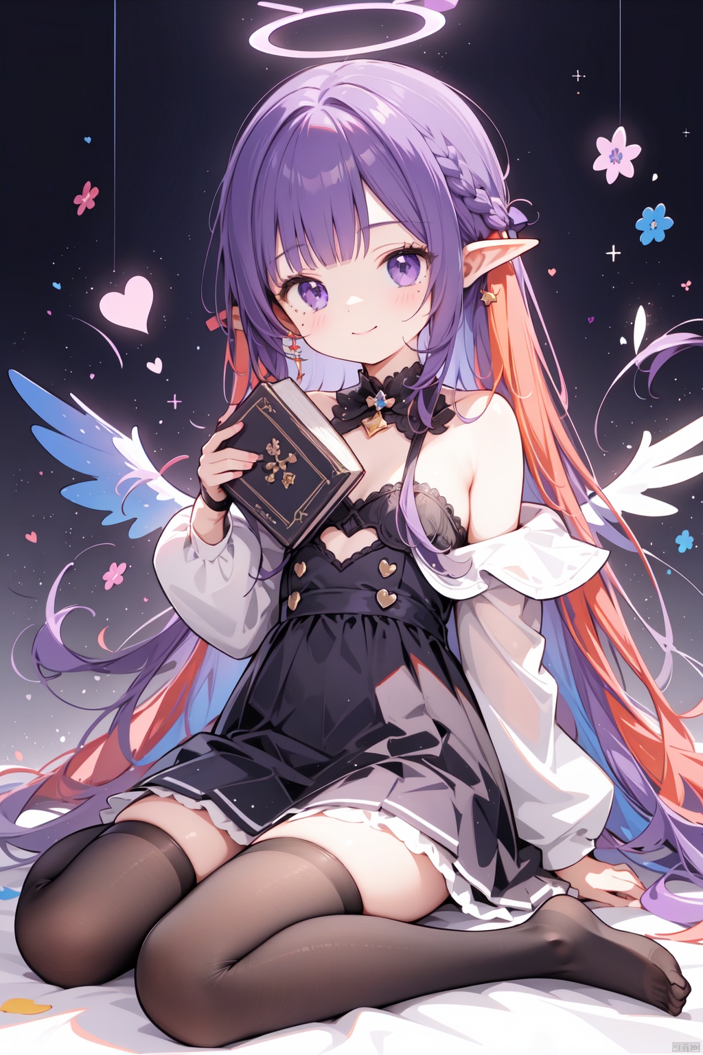 1girl, long_hair, ninomae_ina'nis, tentacle_hair, solo, sidelocks, virtual_youtuber, gradient_hair, blunt_bangs, very_long_hair, tentacles, pointy_ears, multicolored_hair, bangs, orange_hair, halo, thighhighs, book, looking_at_viewer, smile, single_thighhigh, white_thighhighs, wings, detached_sleeves, gloves, purple_eyes, holding_book, purple_hair, sitting, dress, holding, black_gloves, heart, low_wings, full_body, flat_chest, mole, closed_mouth, black_dress, mole_under_eye, bare_shoulders, black_hair, strapless, strapless_dress