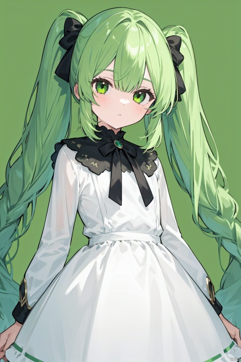 1girl, aqua_background, braid, dress, green_background, green_hair, long_hair, ribbon, solo, twin_braids, twintails, white_dress