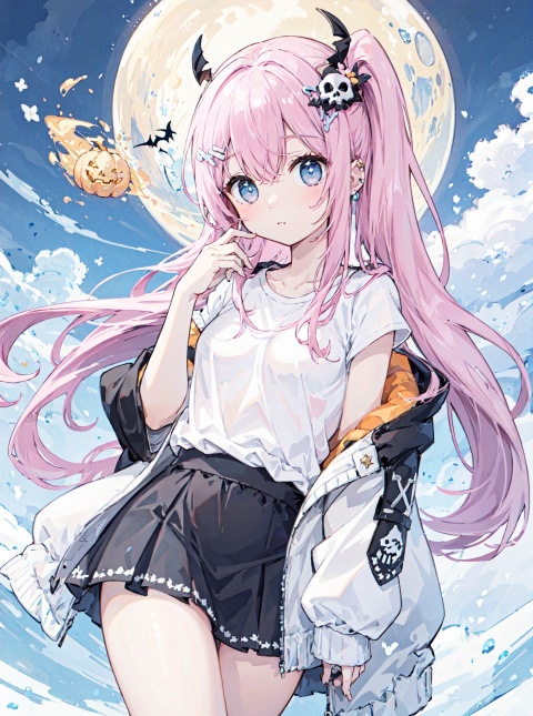 (databook:1.4), (concept art:1.2),(double v:1.2),halloween costume,pumpkin,skull on head,tombstone,genie,star hair ornament,flame,+++++masterpiece,loli,(petite:1.2),high ponytail,medium breast,(panorama:1.2),caustics,best quality,beautiful detailed eyes,(pink hair),wavy hair,disheveled hair, messy hair, long bangs, hairs between eyes, extremely detailed, floating hair,solo, best quality, masterpiece, highres, original, extremely detailed wallpaper,{an extremely delicate and beautiful}++++loose clothes,(white t-shirt:1.4),(black open jacket:1.2),++hairclip+/*/*/*++(floral print:1.2)+/*/*/*+++blue eyes, {beautiful eyes},solo,