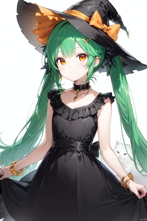 1girl, long hair, hat, dress, cat, black dress, solo, very long hair, green hair, jewelry, animal, white background, holding, looking at viewer, witch hat, sleeveless, holding animal, black headwear, simple background, twintails, bangs, holding cat, bracelet, closed mouth, orange eyes, witch, sleeveless dress, hair ornament, necklace, artist name, signature, bow, standing, bare shoulders, orange ribbon