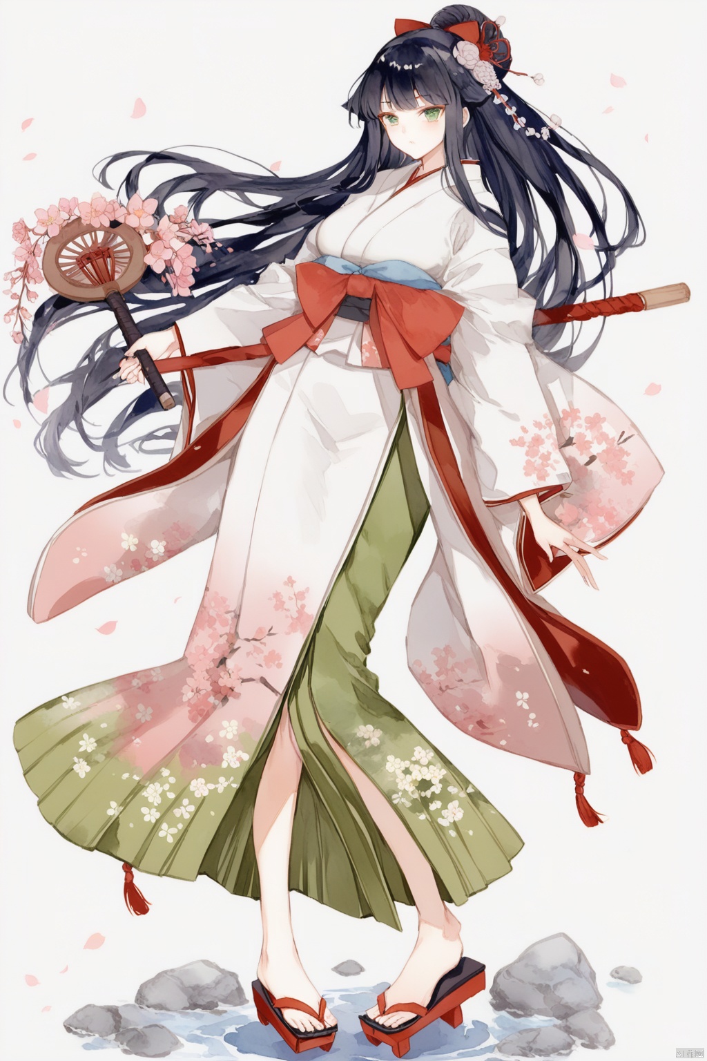 1girl, black_hair, flower, full_body, geta, green_eyes, hair_flower, hair_ornament, holding, japanese_clothes, kimono, long_hair, sandals, simple_background, solo, staff, tabi, very_long_hair, weapon, white_background, wide_sleeves, watercolor,chinese,hanfu