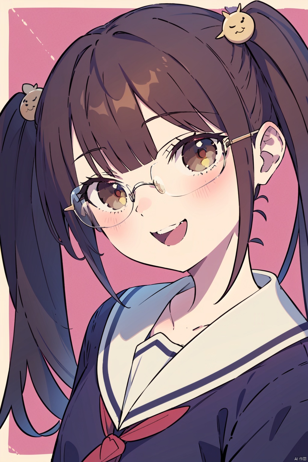 1girl, brown_hair, glasses, hair_ornament, long_hair, open_mouth, sailor_collar, smile, twintails