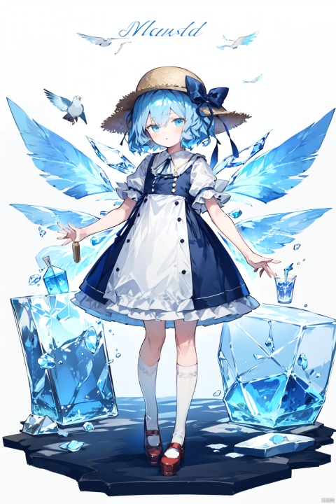 1girl, alternate_costume, animal, bag, bird, bird_on_head, blue_bow, blue_eyes, blue_hair, blue_ribbon, blue_wings, bow, character_name, cirno, dove, dress, english_text, flower, food, full_body, hair_ornament, hat, hat_bow, hat_flower, hat_ribbon, holding, ice, ice_wings, kneehighs, looking_at_viewer, mary_janes, parted_lips, red_footwear, ribbon, seagull, shoes, short_hair, short_sleeves, socks, solo, standing, straw_hat, tanned_cirno, white_dress, white_legwear, wings