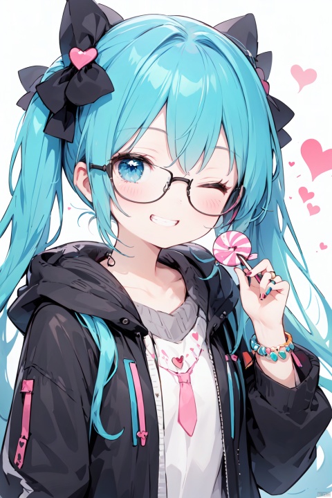  (best quality),(masterpiece),1girl, solo, hatsune miku, heart, twintails, bow, one eye closed, hair bow, jewelry, lollipop, smile, food, hair ornament, candy, polka dot bow, long hair, 39, shirt, glasses, ring, bracelet, upper body, heart-shaped eyewear, jacket, looking at viewer, holding, grin, nail polish, hood, black bow