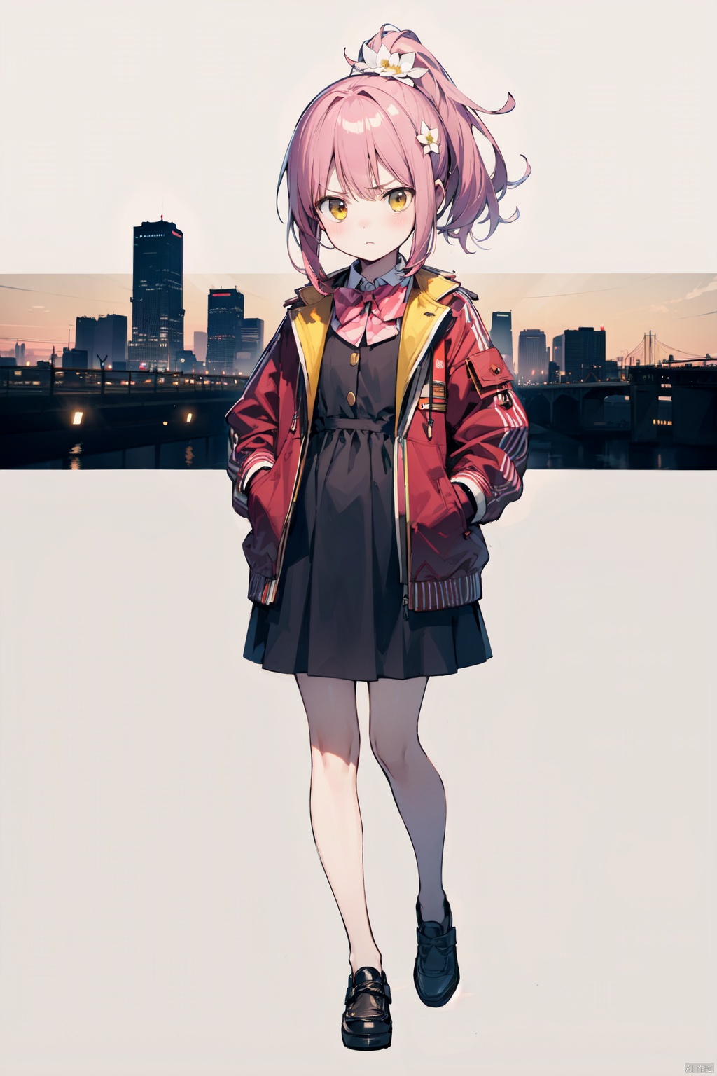  (best quality), ((masterpiece)), (highres),standing,original, extremely detailed wallpaper, (an extremely delicate and beautiful),(loli),(petite),Pink hair,Yellow eyes, (red Jacket),high ponytail,white collared shirt,hair flower,fipped hair,floating hair,Frown,hands in pockets,black dress,red bowtie,(solo),full body,standing,street,city,focused,solo,backlight