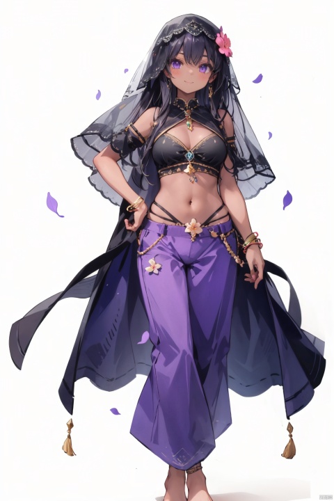 1girl, arabian_clothes, barefoot, black_hair, bracelet, breasts, dancer, dark-skinned_female, dark_skin, flower, hair_ornament, harem_pants, jewelry, large_breasts, leaf, long_hair, looking_at_viewer, mouth_veil, navel, petals, purple_pants, simple_background, smile, solo, standing, veil, very_long_hair, white_background