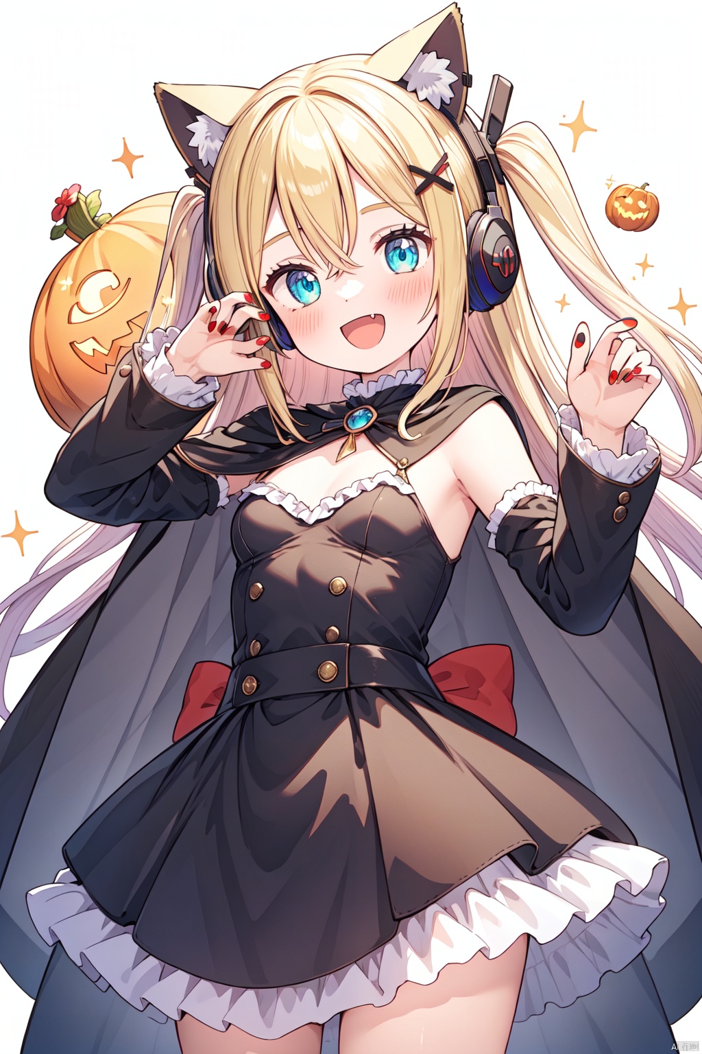 1girl, fake_animal_ears, solo, animal_ears, two_side_up, long_sleeves, animal_ear_headphones, blue_eyes, long_hair, black_dress, blonde_hair, smile, dress, fang, bangs, nail_polish, :d, x_hair_ornament, headphones, hair_between_eyes, red_bow, cat_ear_headphones, white_shirt, claw_pose, virtual_youtuber, bow, looking_at_viewer, hands_up, hair_ornament, shirt, frills, very_long_hair, jack-o'-lantern, shoulder_cutout, clothing_cutout, open_mouth, black_cape, sparkle, breasts, cat_ears, multicolored_nails, puffy_long_sleeves, v-shaped_eyebrows, blush, small_breasts, frilled_dress, halloween, blue_nails, cape