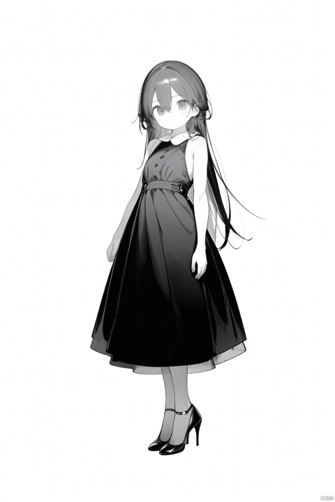 1girl, solo, monochrome, long hair, greyscale, dress, signature, hair between eyes, dated, simple background, white background, sleeveless, full body, looking at viewer, standing, shoes, high heels