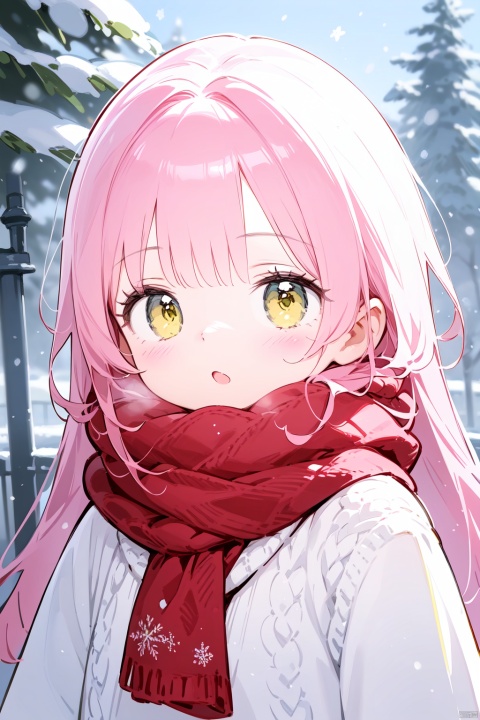 1girl, loli, solo, pink hair, long hair, yellow eyes, wearing pink knitted sweater, white collar poking out, red scarf wrapped around neck, rosy cheeks from cold, standing outdoors in winter scene, snowing lightly, snowflakes in hair, pine trees dusted white behind, looking ahead, cropped close-up composition, focus on face and upper body, intricate sweater details, photorealistic knit textures, vivid expression, hands in sweater pockets, (masterpiece quality illustration), (intricately detailed)