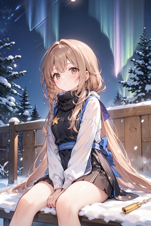  1girl, aerial_fireworks, aurora, bare_tree, bottomless, brown_eyes, city_lights, constellation, covering, covering_crotch, crescent_moon, dust, earth_\(planet\), fireflies, fireworks, full_moon, galaxy, lamppost, light_particles, long_hair, looking_at_viewer, milky_way, moon, moonlight, night, night_sky, onsen, outdoors, pine_tree, planet, shooting_star, sitting, sky, snow, snowing, solo, space, star_\(sky\), star_\(symbol\), starry_background, starry_sky, starry_sky_print, tanabata, tanzaku, tree, v_arms, window, winter