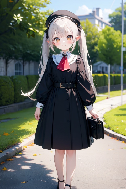 best quality, amazing quality, very aesthetic,1girl, solo, dress, bangs, belt, pointy_ears, black_dress, looking_at_viewer, long_sleeves, ascot, twintails, hat, outdoors, bag, smile, white_hair, feet_out_of_frame, closed_mouth, standing, shoulder_bag, black_headwear, red_ascot, skirt_hold, long_hair, buckle, low_twintails, belt_buckle, plant, bow, brown_belt, blunt_bangs, dated, beret, handbag, hair_bow, brown_eyes, day