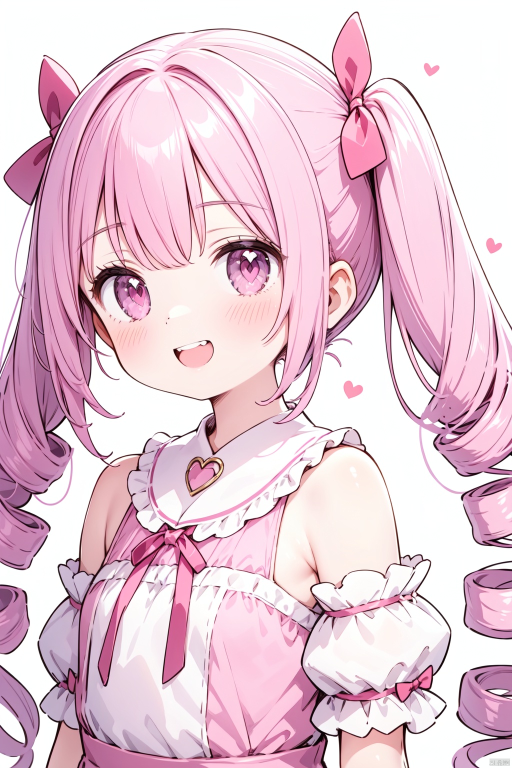 1other, solo, pink_hair, upper_body, detached_sleeves, side_ponytail, pink_eyes, smile, heart, ribbon, pink_theme, light_particles, sidelocks, long_hair, androgynous, bow, short_sleeves, looking_at_viewer, open_mouth, bangs, puffy_short_sleeves, frills, hair_bow, puffy_sleeves, puffy_detached_sleeves, hand_up, blush, side_drill, pink_ribbon, bare_shoulders, armpits, teeth, upper_teeth_only