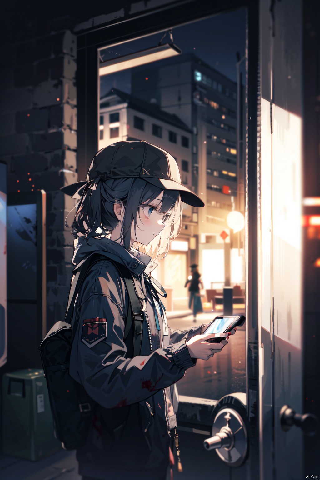 1girl, night, outdoors, solo, holding_phone, hat, bush, cellphone, hat_ribbon, blood, long_sleeves, door,blurry,blurry background