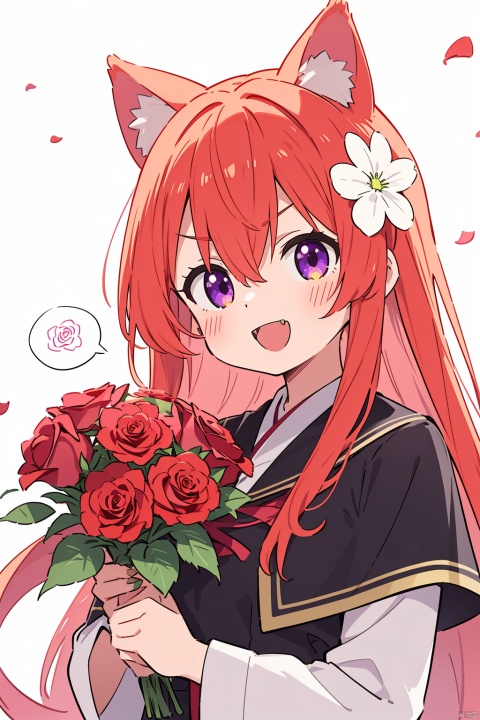 1girl, animal_ears, bangs, black_flower, black_rose, blue_flower, blue_rose, blush, bouquet, capelet, condom_in_mouth, condom_wrapper, confession, daisy, dress_flower, eyebrows_visible_through_hair, fang, floral_background, flower, flower_ornament, frilled_sleeves, graduation, green_flower, hair_between_eyes, holding, holding_bouquet, holding_flower, hydrangea, ibaraki_kasen, leaf, long_hair, long_sleeves, open_mouth, orange_flower, pink_flower, pink_hair, pink_rose, pubic_tattoo, purple_flower, purple_rose, red_flower, red_ribbon, red_rose, ribbon, rose, rose_petals, rose_print, skirt, smile, spoken_squiggle, squiggle, tattoo, thorns, tulip, underbust, upper_body, vase, white_flower, white_rose, white_shirt, yellow_flower, yellow_rose