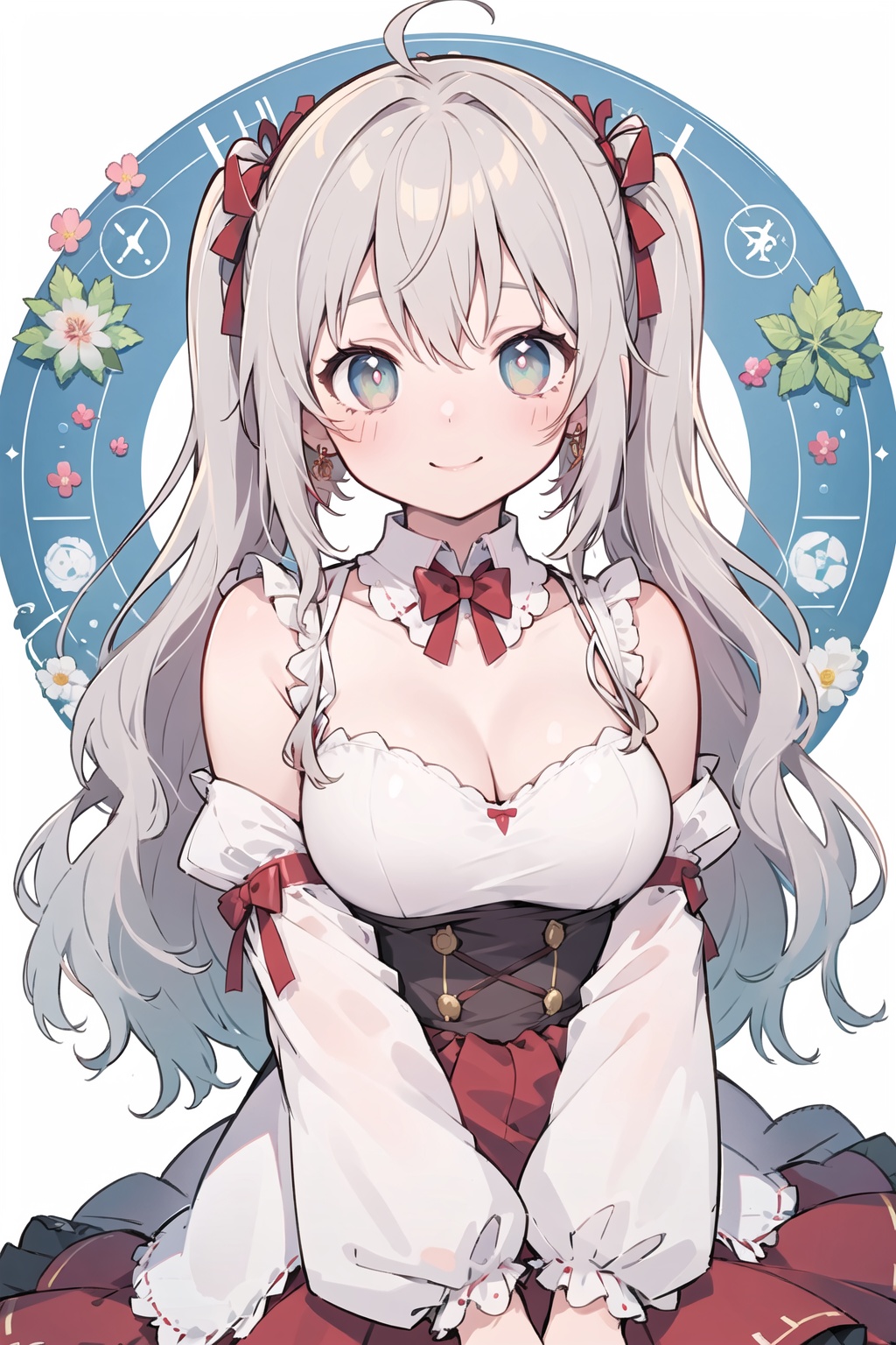  (masterpiece:1.3), (magic circle:1.3), best quality, illustration, white background, sunlight, (detailed beautiful eyes:1.3), 1girl, expressionless, ((wavy hair)), (disheveled hair:1.3), messy hair, long bangs, hairs between eyes, detailed extremely, sitting, ((loli)), gothic_lolita, red pupils, white hair, red Surrounded by roses, A colorful tulle dress, Exquisite details, beautiful eyes, The background of a nighttime human wonderland, a magical background, fireflies, A slender and delicate beautiful face, 1girl, breasts, solo, cleavage, looking at viewer, twintails, large breasts, long hair, dress, bare shoulders, bangs, ribbon, smile, upper body, hair ribbon, earrings, 8K quality, realistic visuals, volumetric lighting, cinematic image quality, ultimate details, complex and exquisite details