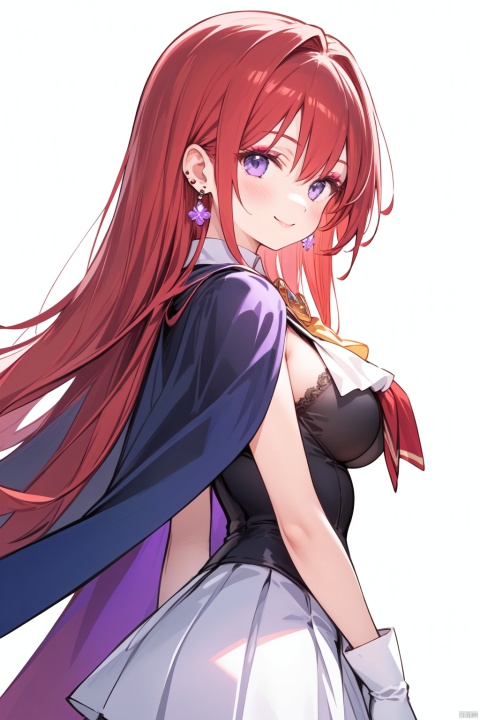 petite,loli,1girl, solo, long_hair, red_hair, jewelry, earrings, white_background, purple_eyes, breasts, smile, looking_at_viewer, simple_background, ascot, purple_gloves, white_skirt, makeup, crossed_arms, lipstick, large_breasts, cape, skirt, from_side
