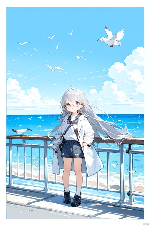1girl, bird, long hair, solo, labcoat, standing, grey hair, coat, skirt, letterboxed, wind, railing, seagull, wide shot, outdoors, glasses, shorts