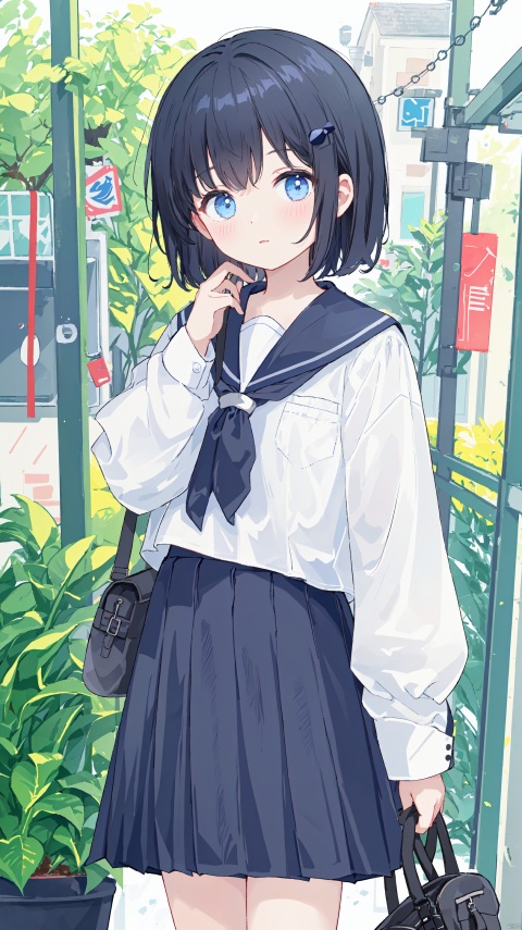  1girl, bangs, black_hair, blue_sailor_collar, blue_skirt, long_sleeves, outdoors, pleated_skirt, sailor_collar, school_uniform, serafuku, shirt, short_hair, skirt, sky, solo, white_shirt