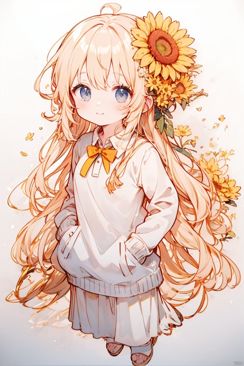  (8k, RAW photo, best quality, masterpiece:1.2),loli,petite,long hair,Jacket,high ponytail,collared shirt,hair flower,fipped hair,floating hair,Frown,hands in pockets,dress,bowtie,(solo),sky, skyline, skyscraper, smile, solo, sunflower, tower-line art,flower-line art,,jpe-hd,ll-hd, ty-hd, pf-hd,yellow theme,simple_background