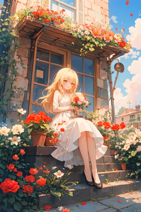  1girl, apple, blonde_hair, blood, book, bouquet, building, camellia, castle, cloud, cross, defloration, dress, falling_petals, flower, hibiscus, holding_flower, leaf, long_hair, orange_flower, outdoors, petals, pink_rose, plant, red_flower, red_rose, rose, rose_petals, sitting, sky, spider_lily, stairs, strawberry, thorns, tombstone, tower, tulip, vase, vines, watering_can, wind