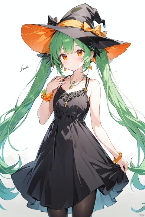 1girl, long hair, hat, dress, cat, black dress, solo, very long hair, green hair, jewelry, animal, white background, holding, looking at viewer, witch hat, sleeveless, holding animal, black headwear, simple background, twintails, bangs, holding cat, bracelet, closed mouth, orange eyes, witch, sleeveless dress, hair ornament, necklace, artist name, signature, bow, standing, bare shoulders, orange ribbon