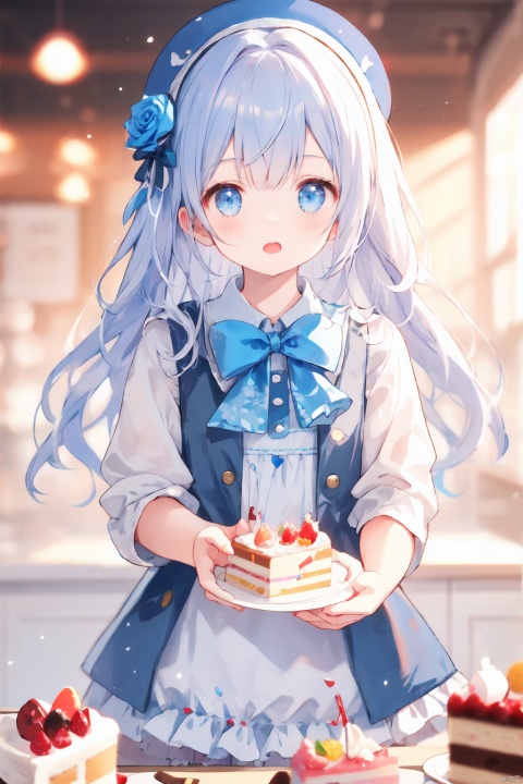 1girl, bloomers, blue_rose, blurry, blurry_background, blurry_foreground, cake, candy, checkerboard_cookie, coin, cookie, cup, depth_of_field, dress, eyebrows_visible_through_hair, flower,