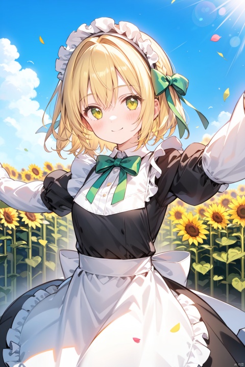 1girl, flower, sunflower, solo, blonde_hair, maid_headdress, outdoors, maid, short_hair, smile, petals, sky, apron, day, long_sleeves, cloud, looking_at_viewer, maid_apron, yellow_eyes, dress, green_eyes, ribbon, bow, outstretched_arms, green_bow, blue_sky, bangs, juliet_sleeves, black_dress, paper_airplane, puffy_sleeves