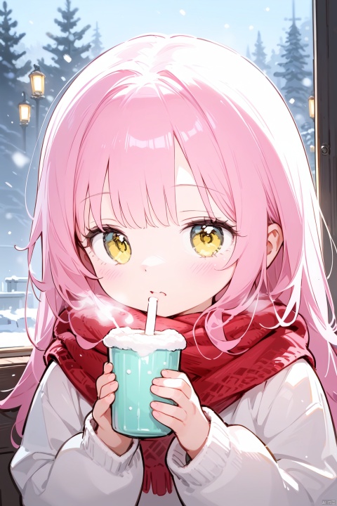 1girl, loli, solo, pink hair, long hair, yellow eyes, wearing pink knitted sweater, white collar poking out, red scarf wrapped around neck, rosy cheeks from cold, standing outdoors in winter scene, snowing lightly, snowflakes in hair, pine trees dusted white behind, holding warm cup with both hands, looking down at drink, steam rising gently, window lights in background, cropped close-up composition, focus on face and upper body, intricate sweater details, photorealistic knit textures, vivid expression, (masterpiece quality illustration), (intricately detailed)