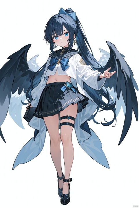 1girl, blue_eyes, blue_hair, bow, full_body, jewelry, long_hair, looking_at_viewer, midriff, navel, outstretched_arm, ponytail, shoes, sidelocks, skirt, solo, thigh_strap, very_long_hair, wings