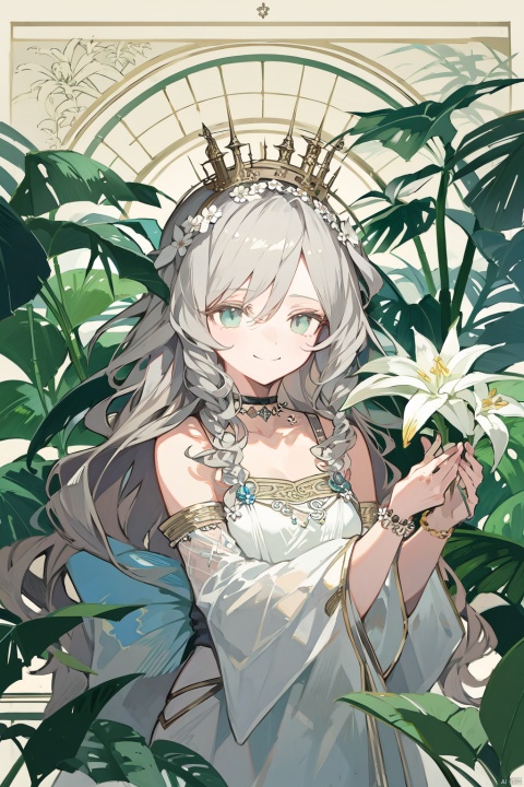1girl, art_nouveau, bamboo, bangle, blue_eyes, bracelet, braid, branch, choker, crown_braid, daisy, dress, floral_background, flower, flower_bracelet, flower_pot, grey_background, hair_ornament, jewelry, laurel_crown, leaf, lily_\(flower\), lily_of_the_valley, long_hair, looking_at_viewer, lotus, palm_tree, plant, potted_plant, smile, solo, vase, vines, white_dress, white_flower